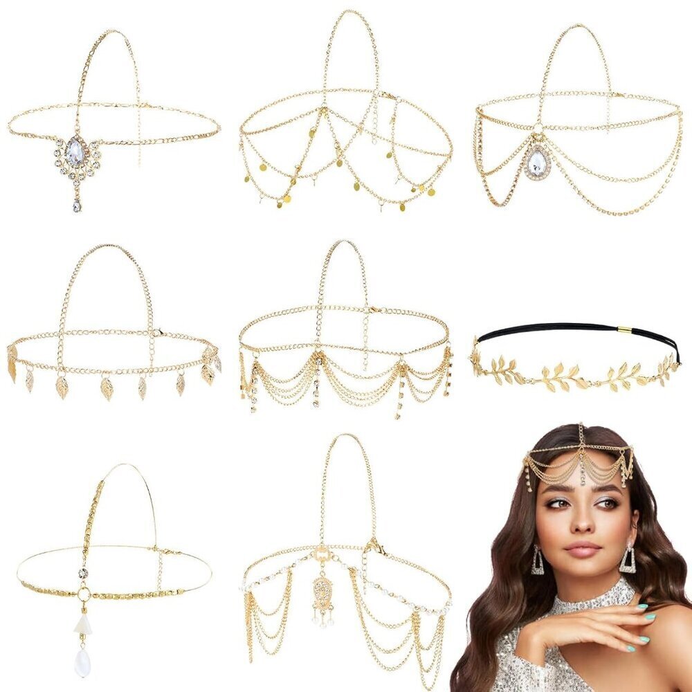 8PCS Gold Head Chains with Rhinestones Pearls Coins Prom Wedding Jewelry